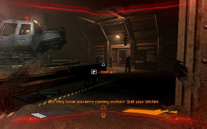 screenshot: The predator watches a dark room full of Colonial Marines as they complain about their luck; switching to thermal vision highlights those soldiers in bright yellows and whites against the dark blue of walls and inanimate objects.